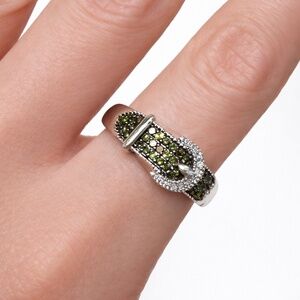 NEW Buckle 0.25 Ctw GREEN DIAMOND Platinum 925 Sterling Silver RING SIZE 7